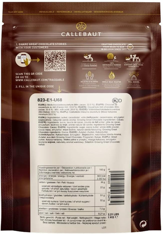 Callebaut 823 Finest Belgian Milk Chocolate Couverture Callets 33.6% Cocoa 1kg