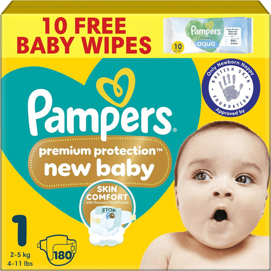 Pampers Premium Protection New Baby Size 3, 204 Nappies, 6kg-10kg, Monthly Pack.