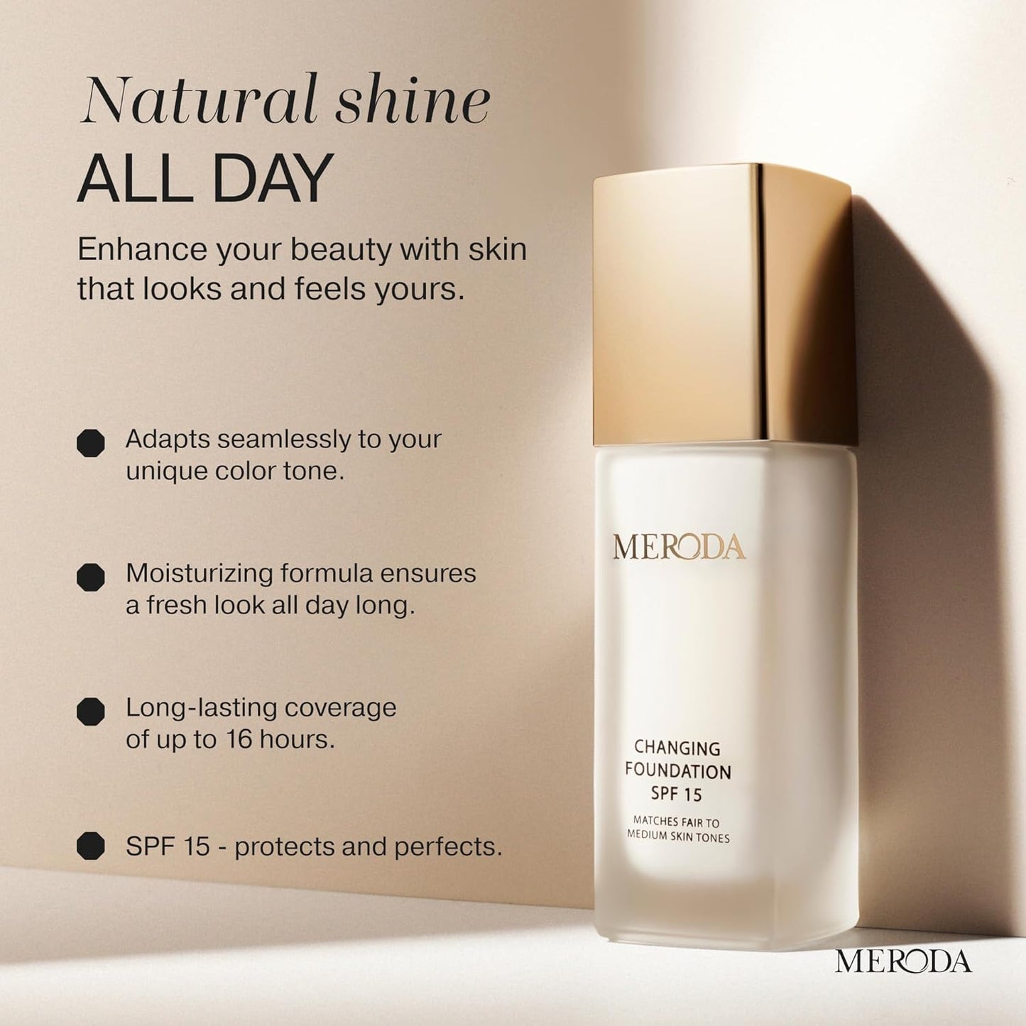MERODA® Colour Changing Foundation SPF 15 [Light to Medium Skin] - Mature Skin Liquid Makeup - Long Lasting Color Match for Face