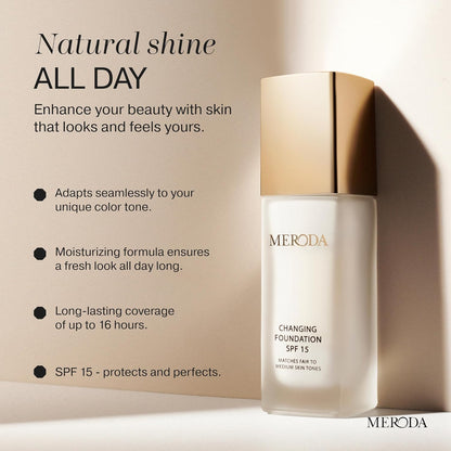 MERODA® Colour Changing Foundation SPF 15 [Light to Medium Skin] - Mature Skin Liquid Makeup - Long Lasting Color Match for Face