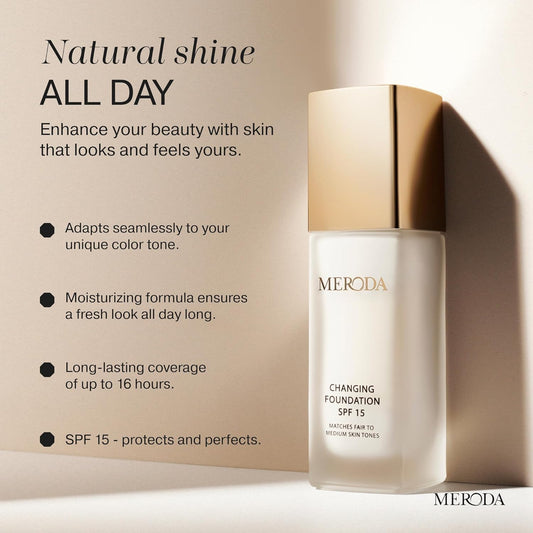 MERODA® Colour Changing Foundation SPF 15 [Light to Medium Skin] - Mature Skin Liquid Makeup - Long Lasting Color Match for Face