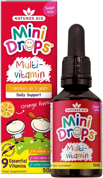Natures Aid Mini Drops Multi-Vitamin for Babies & Kids 50ml – 9 Essential Vitamins Support Growth.