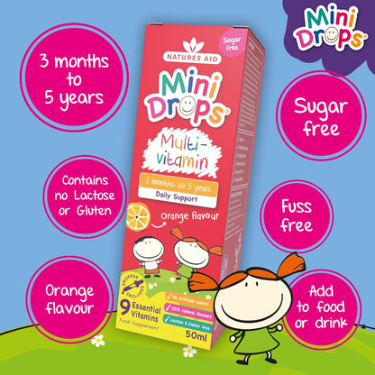 Natures Aid Mini Drops Multi-Vitamin for Babies & Kids 50ml – 9 Essential Vitamins Support Growth.