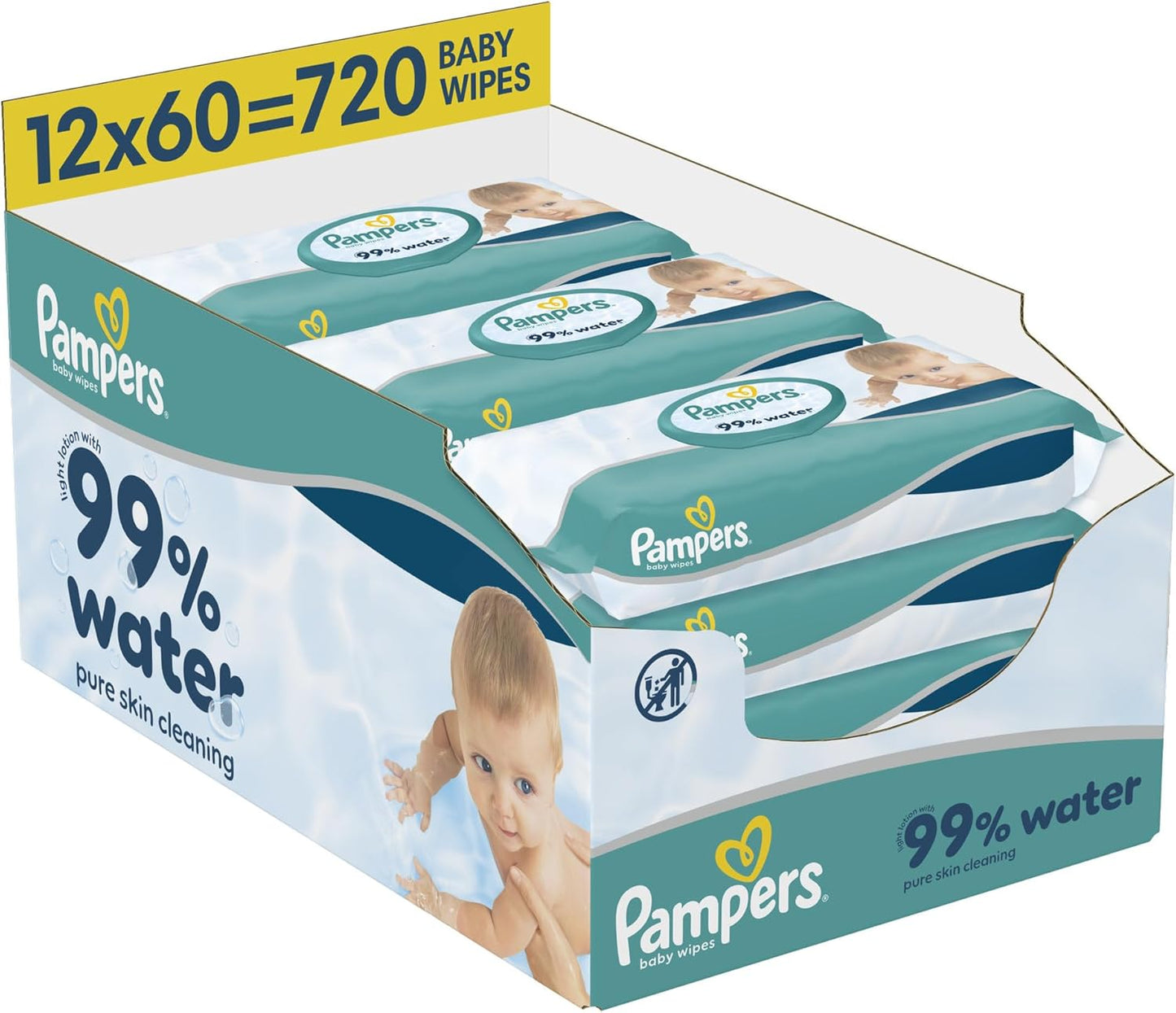 Pampers 99% Water Baby Wipes Plastic Free, 12 Packs of 60 Wipes.